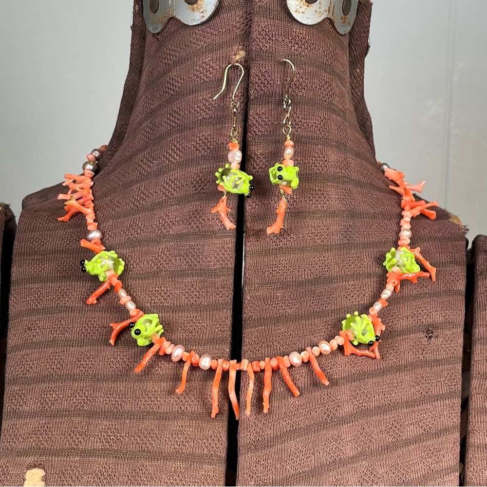 Art Glass Lampwork Necklace Earrings Set Tree Frog Branch Coral Pearl Statement